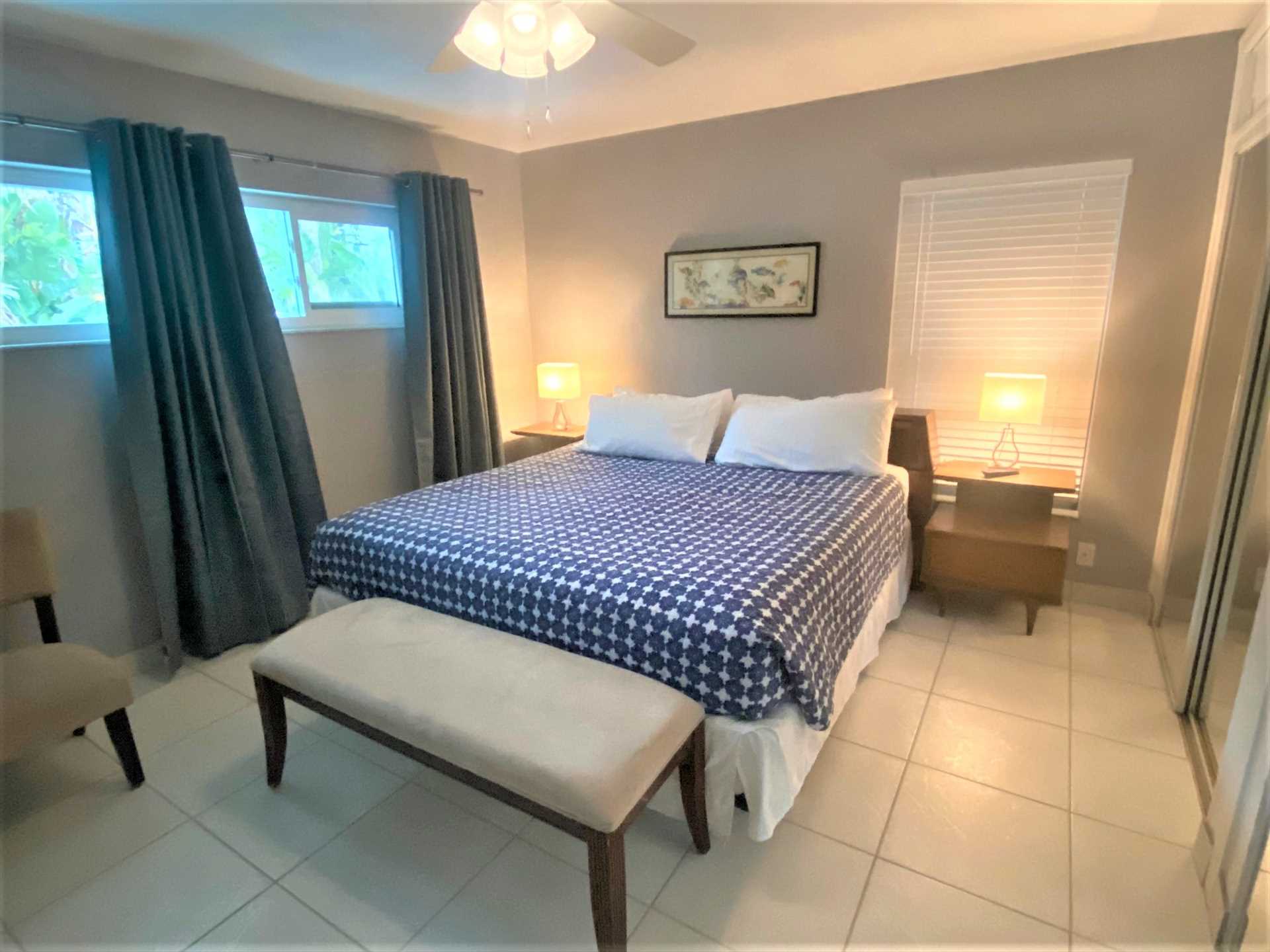 Master bedroom features king bed.