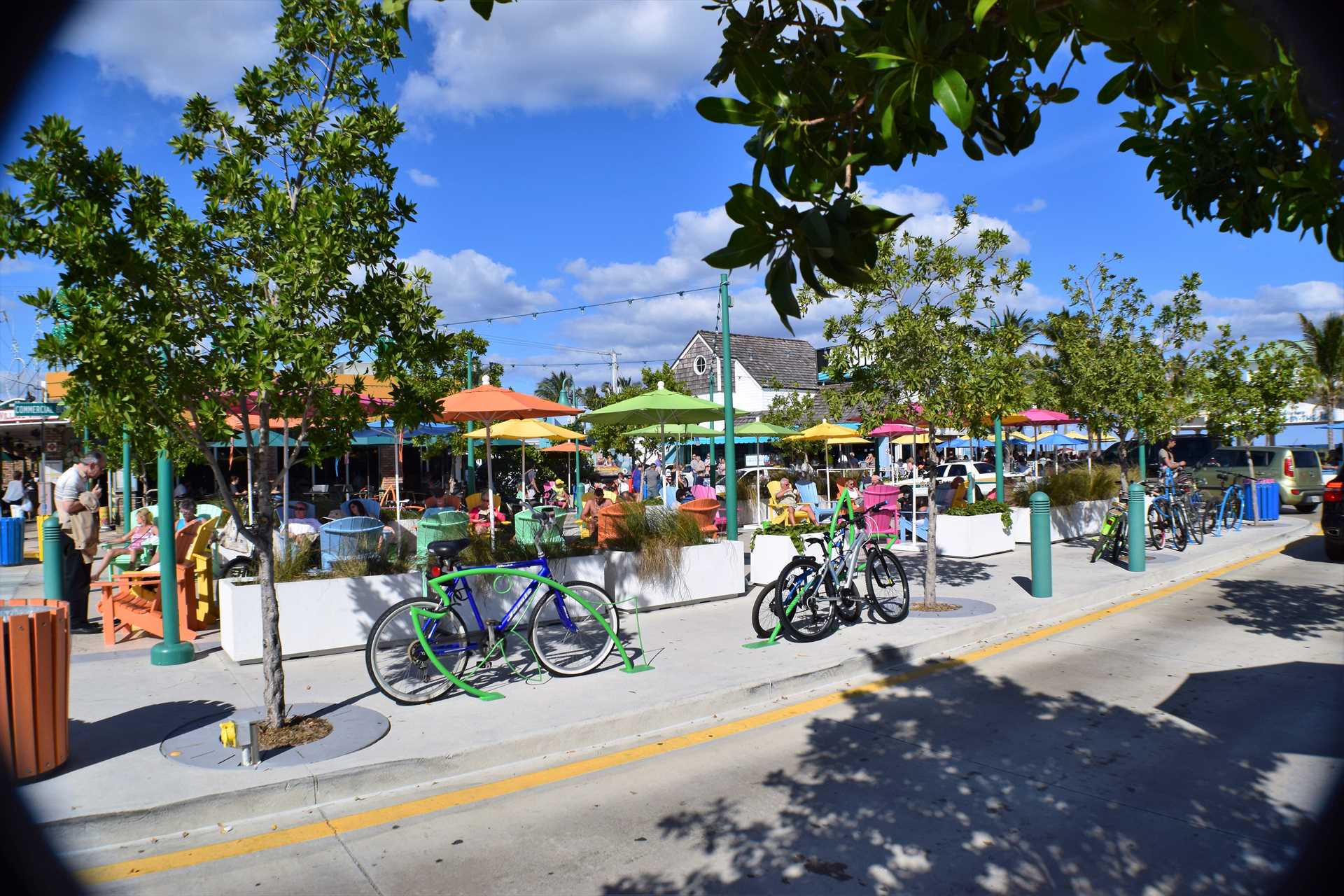Your walk to the beach is filled with colorful shops and sig